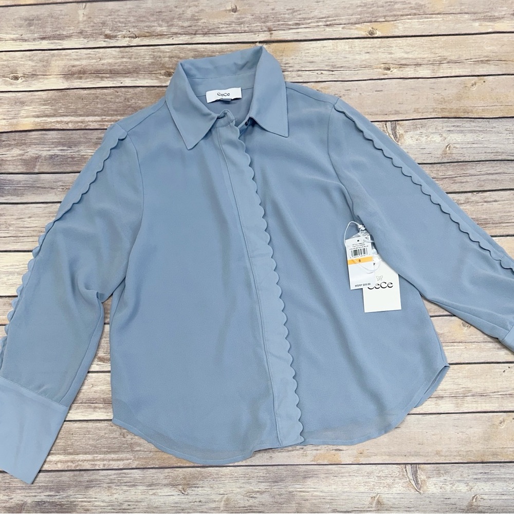 CeCe Scalloped Trim Collared Long Sleeve Blouse Slate Blue Size S
